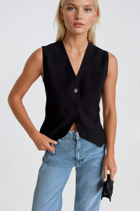 Flat Pocket Buttoned Linen Vest