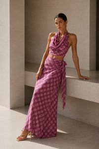 Plaid Patterned Cowl Neck Blouse with Tie Detail Skirt Two-Piece Set