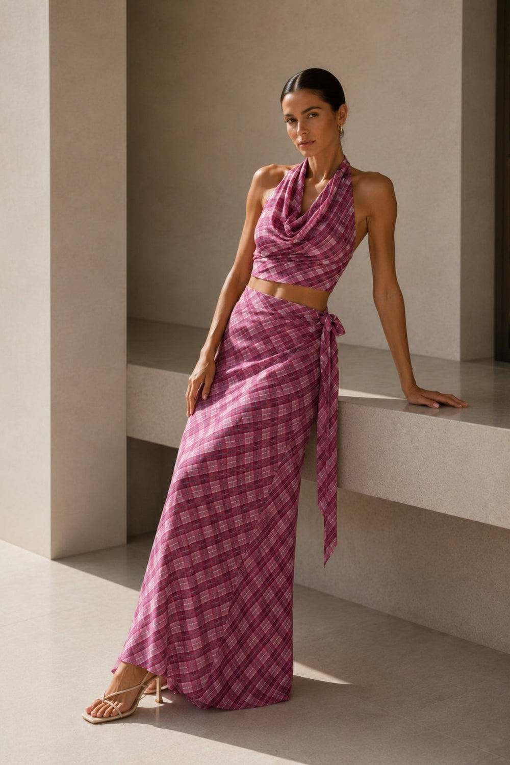 Plaid Patterned Cowl Neck Blouse with Tie Detail Skirt Two-Piece Set
