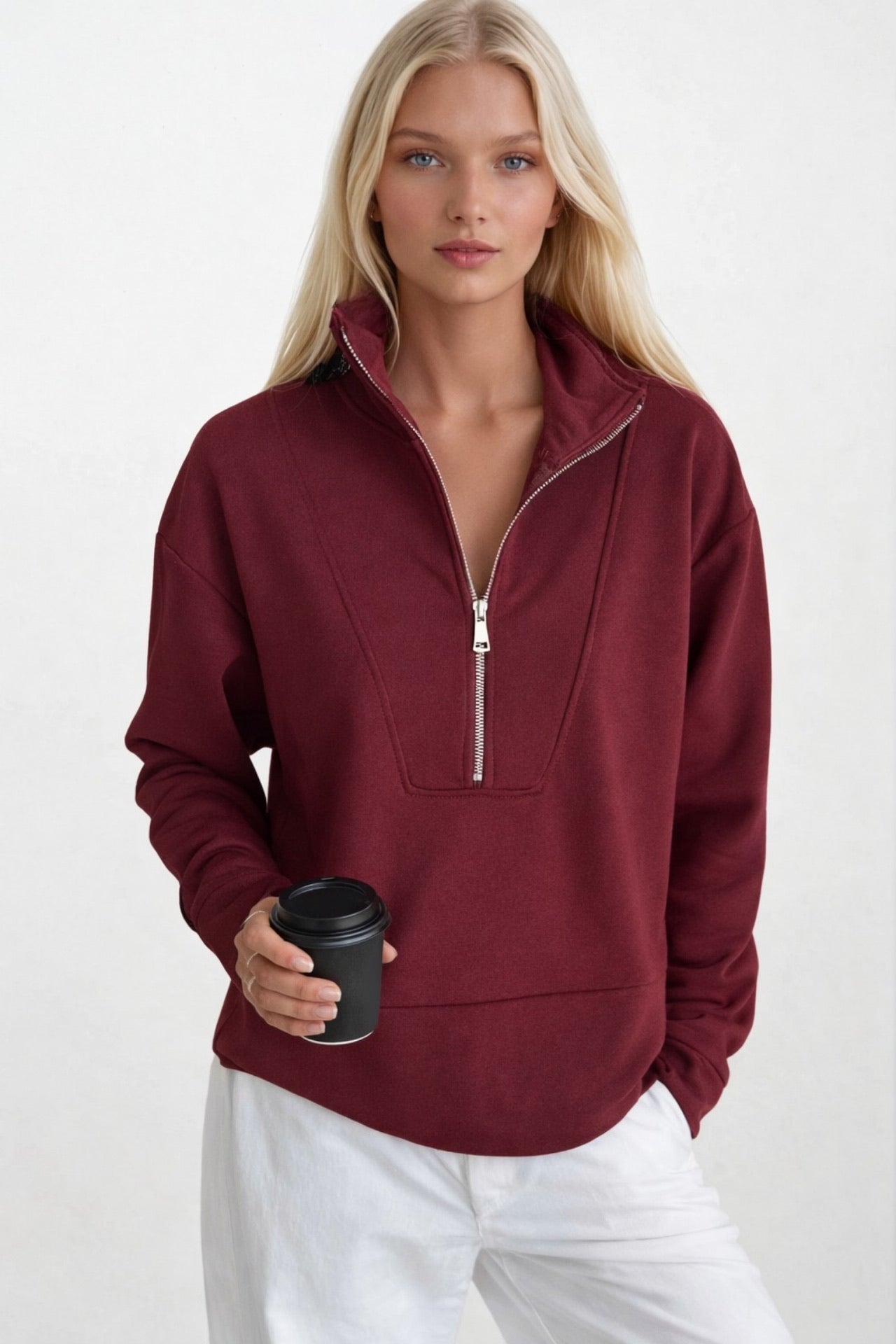 Fermuar ve Dikiş Detaylı Sweatshirt - Bordo