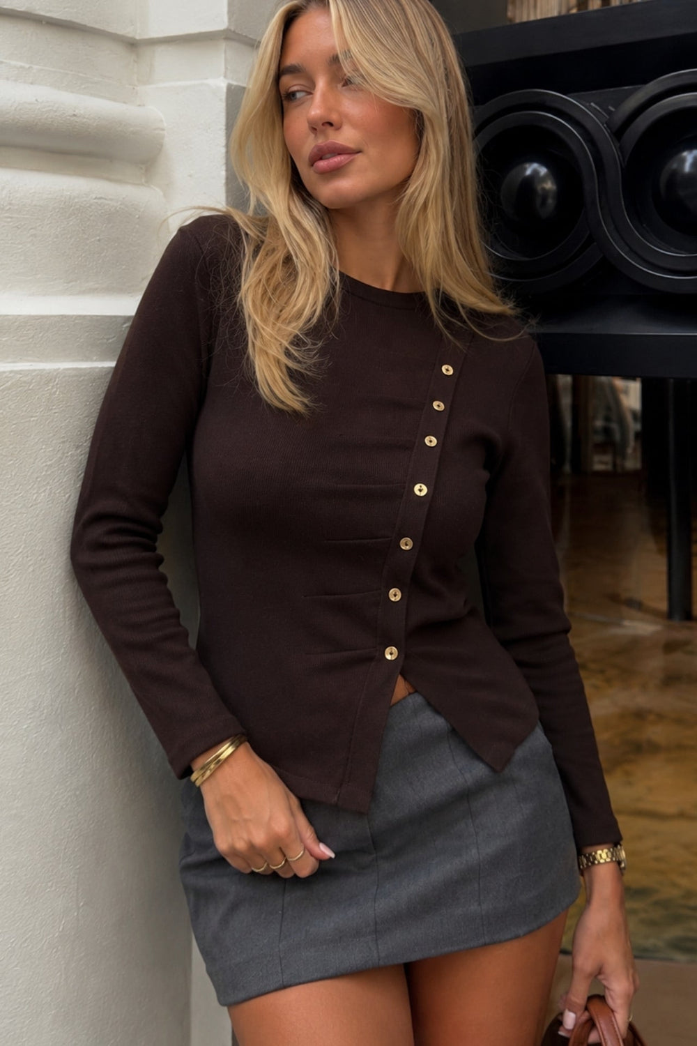 Asymmetric Button Detail Long Sleeve Knit Blouse
