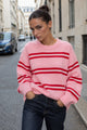 Çizgili Bisiklet Yaka Oversize Triko Kazak - Pembe