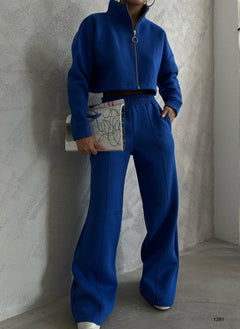Fermuar Detay Crop Sweat Bol Paça Pantolon Takım - Saks