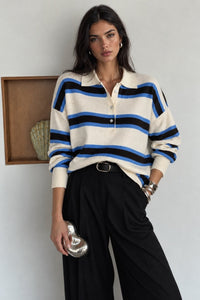 Striped Buttoned Polo Collar Knit Blouse