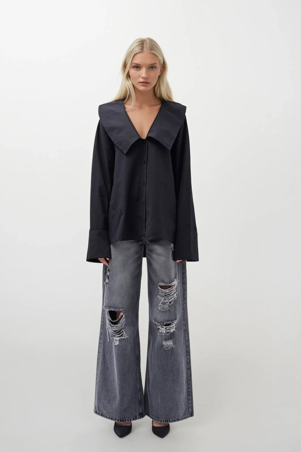Wide Collar Ruffle Sleeve Shirt