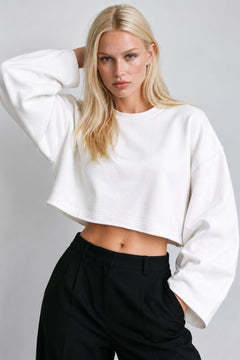 Geniş Kol Bisiklet Yaka Basic Sweatshirt - Beyaz