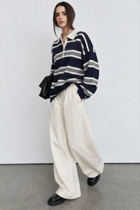 Striped Buttoned Polo Collar Knit Blouse