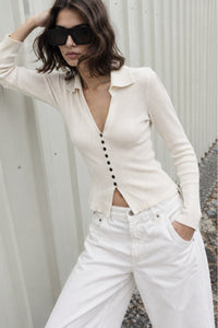 V-Neck Button Detail Long Sleeve Knit Blouse