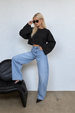 Geniş Kol Bisiklet Yaka Basic Sweatshirt - Siyah