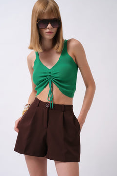 Ön Büzgülü Crop Bluz - Yeşil