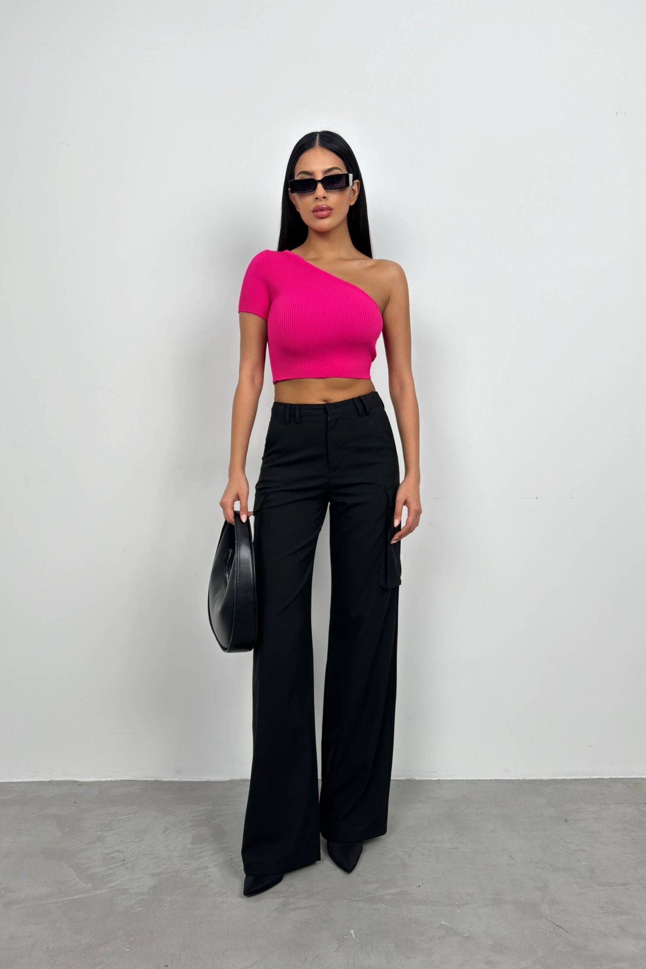 Tek Omuz Crop Bluz - Fuşya