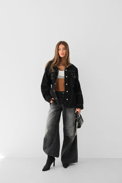 Dikiş Detay Oversize Denim Ceket - Siyah
