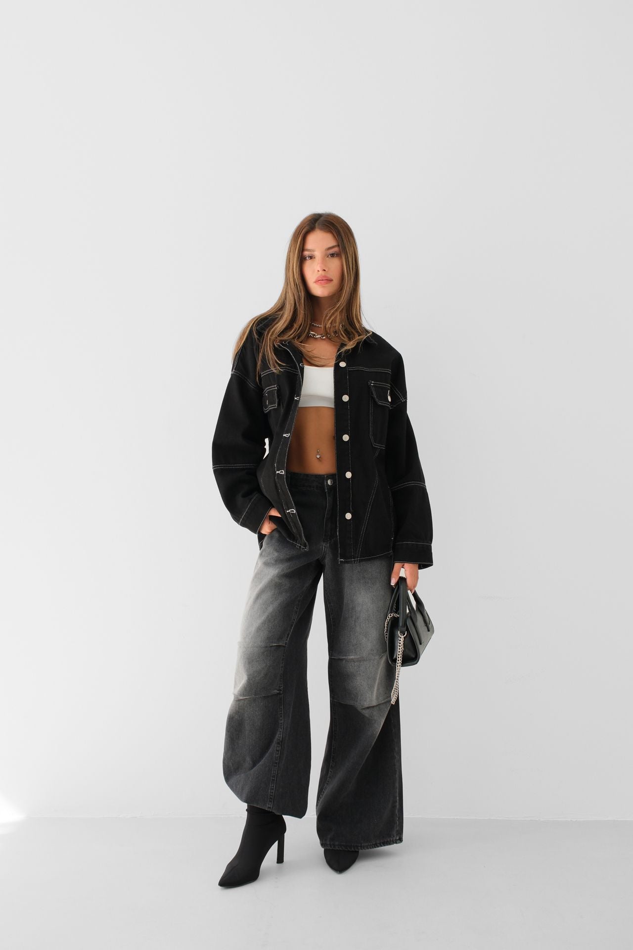 Dikiş Detay Oversize Denim Ceket - Siyah