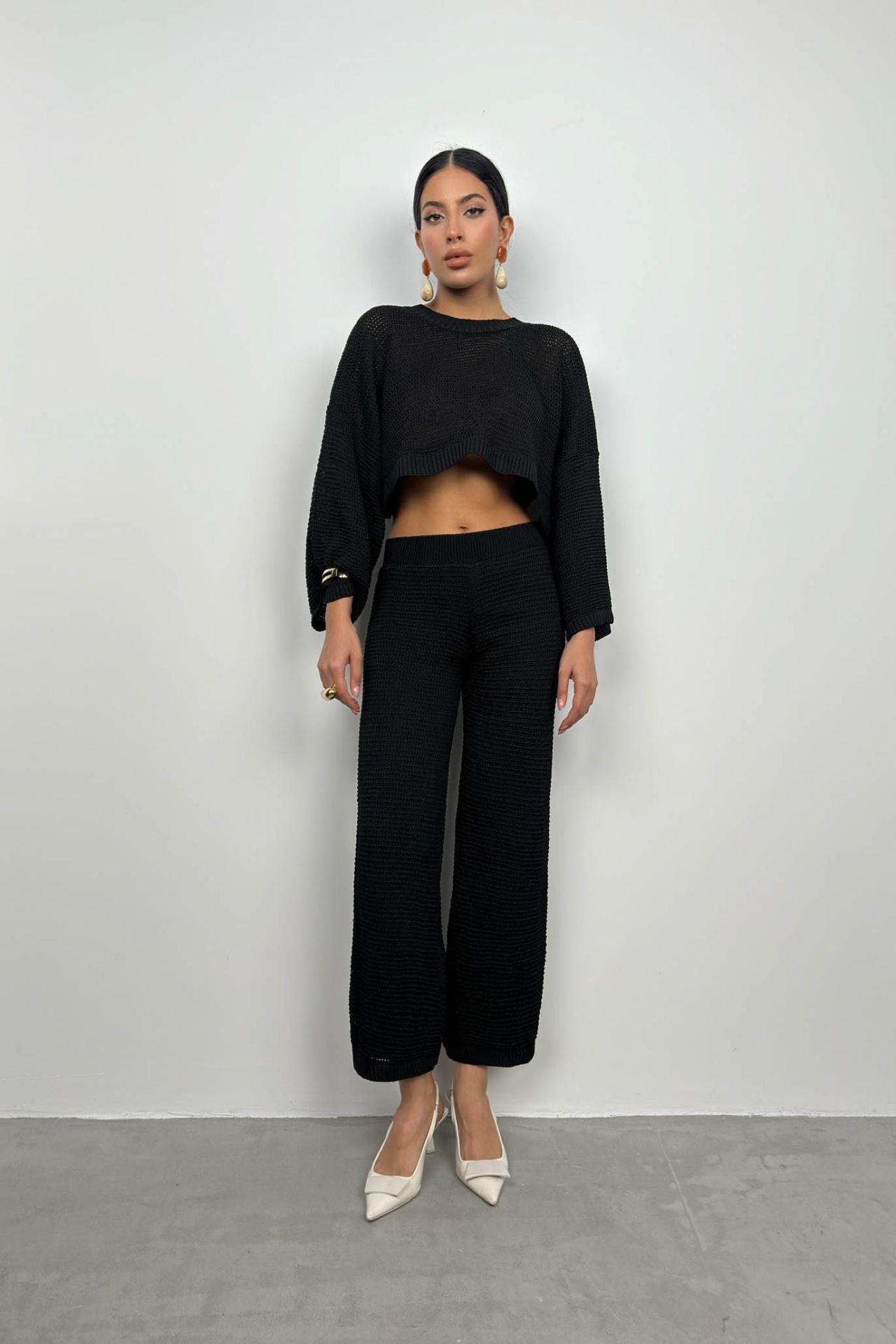 Oversize Triko Bluz Pantolon Takım - Siyah