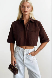 Pocket Detail Half Sleeve Crop Linen Shirt