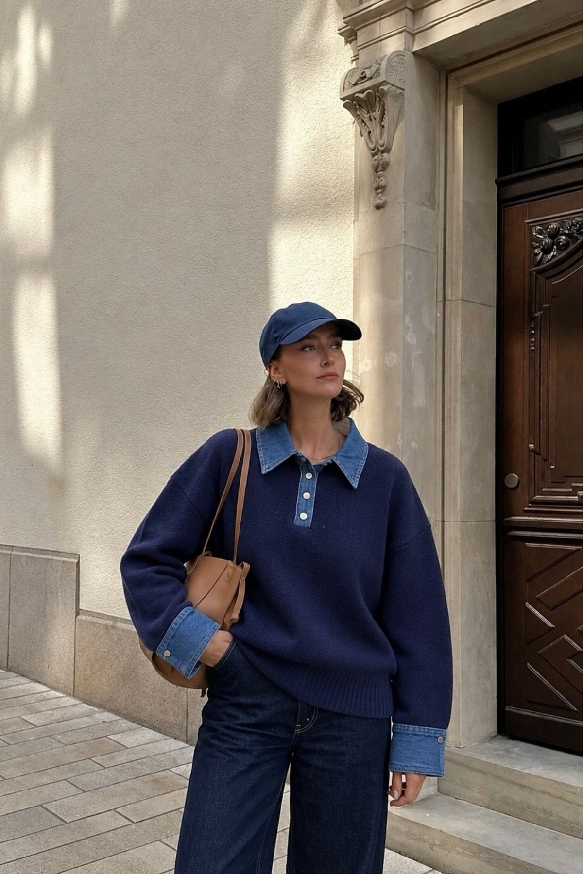 Denim Yaka Düğme Detay Polo Yaka Triko Kazak - Lacivert