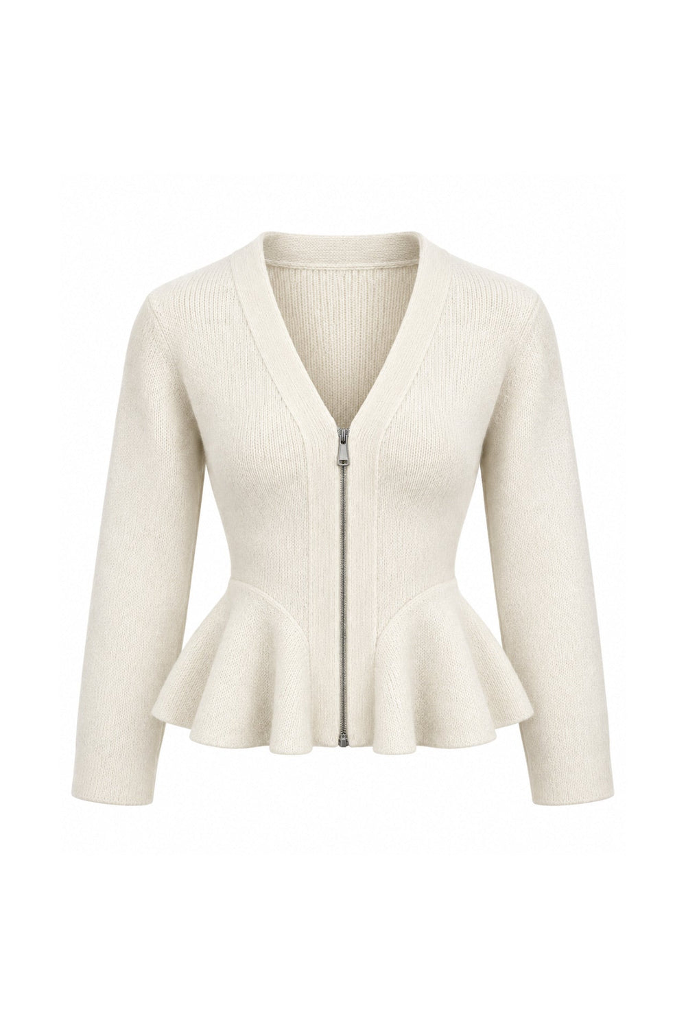 Pleat Detail V-Neck Zip-Up Knit Sweater