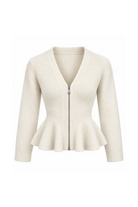 Pleat Detail V-Neck Zip-Up Knit Sweater