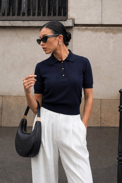Polo Yaka Gold Düğmeli Bluz - Lacivert