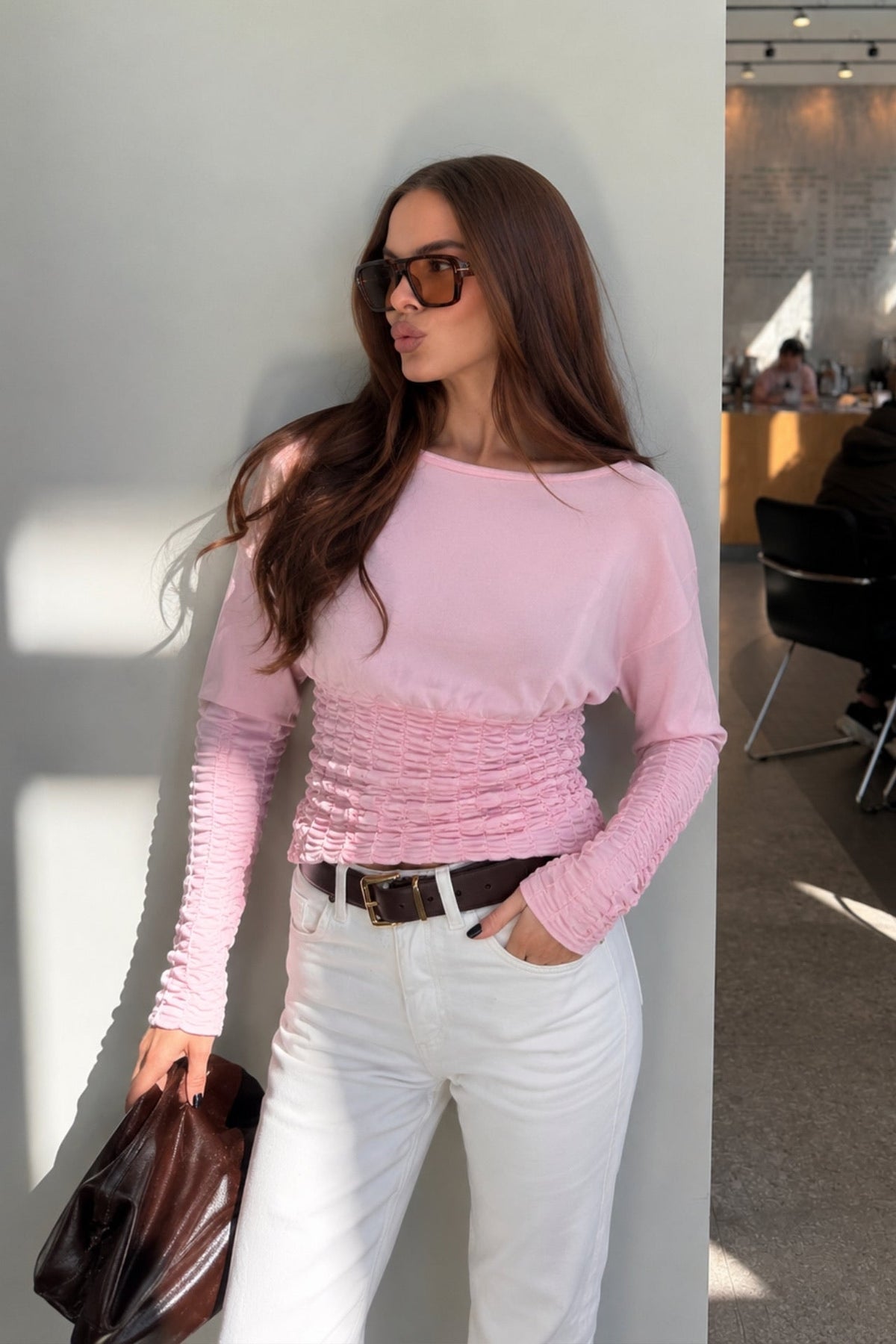 Gipe Detay Bel Oturtmalı Kayık Yaka Bluz - Pembe