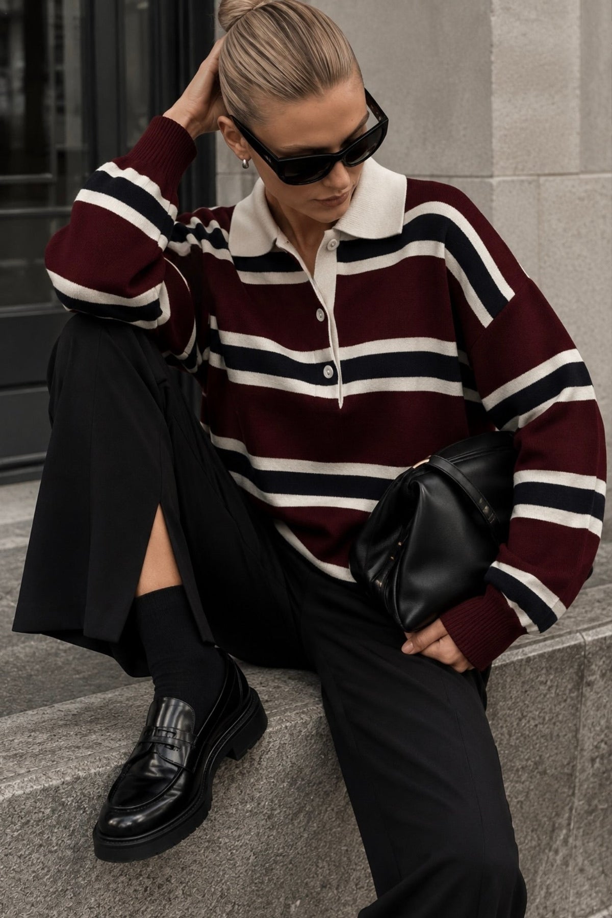 Çizgili Düğmeli Polo Yaka Triko Bluz - Bordo