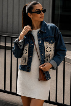 Saçak Detay Denim Ceket - Koyu Mavi