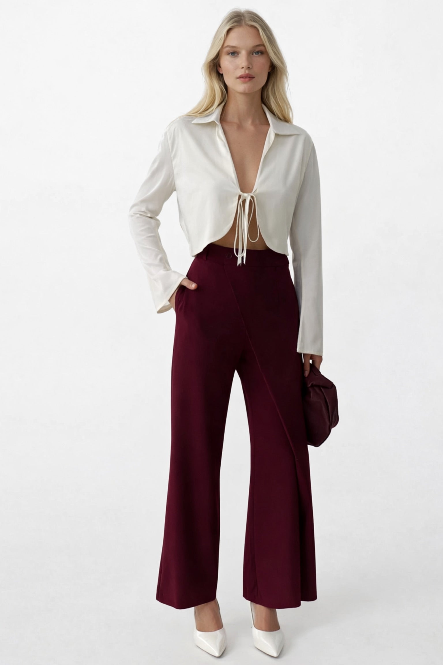 Anvelop Detay Asimetrik Pantolon - Bordo