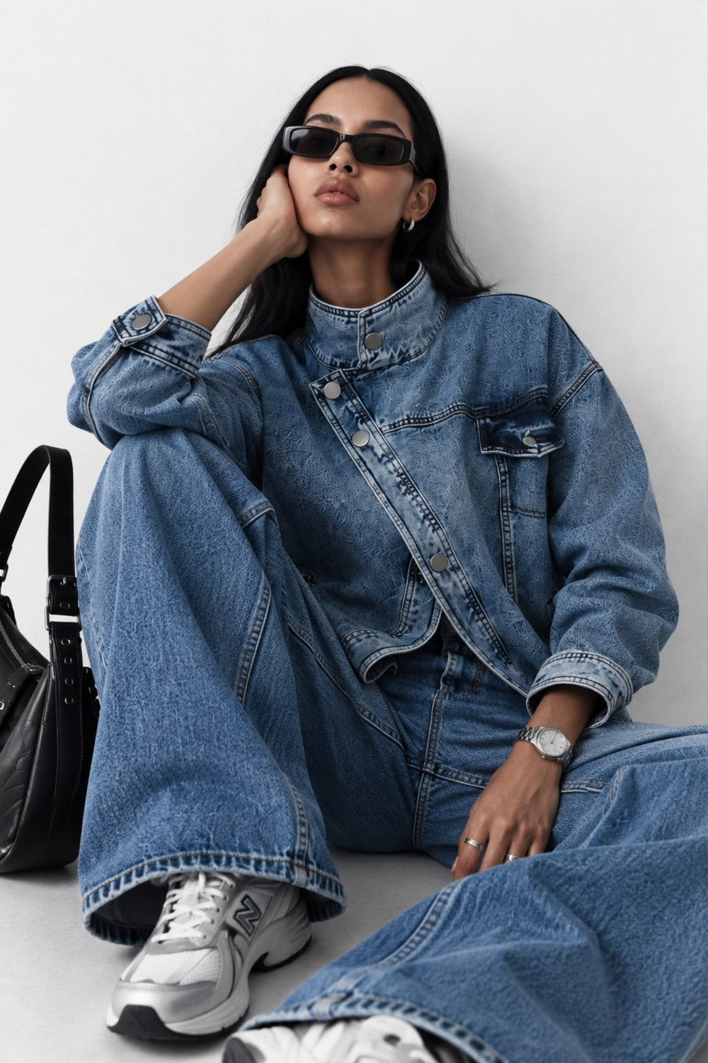 Dik Yaka Asimetrik Düğme Detay Denim Ceket