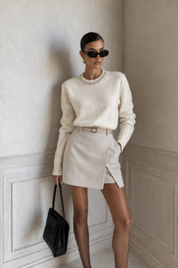 Stone Embroidered Collar Crew Neck Knit Sweater