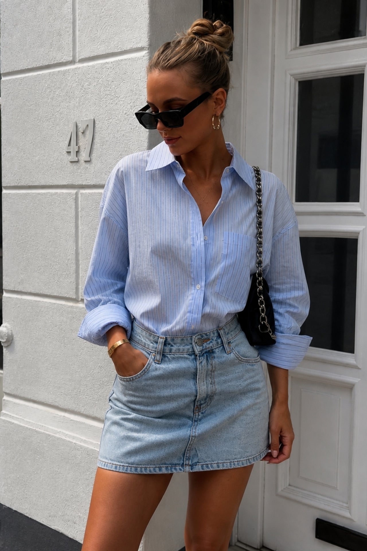Basic Mini Denim Etek - Buz Mavi