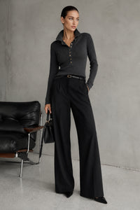 Polo Neck Snap Button Knit Blouse