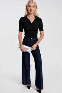 Polo Yaka Triko Crop Bluz