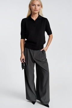 Polo Yaka Düğmeli Kısa Kol Triko Bluz - Siyah