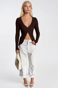 Lace Detail Buttoned Ribbed Blouse