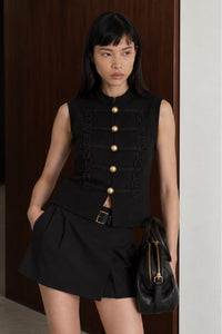 Embroidered Button Detail Sleeveless Knit Blouse