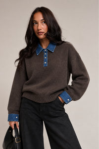 Denim Collar Button Detail Polo Collar Knit Sweater
