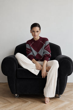 Baklava Desen Oversize Triko Kazak - Bordo