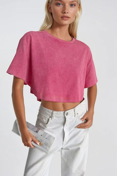 Yıkama Efektli Crop Tişört - Pembe