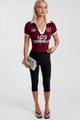 Polo Yaka Çift Renk Baskılı Crop T-Shirt - Bordo