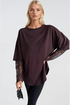 Bisiklet Yaka Kol Dantel Detay Oversize T-Shirt - Kahverengi