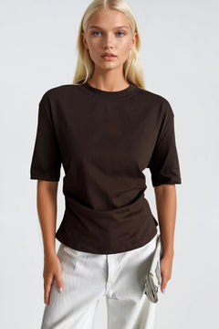 Bel Büzgülü Basic T-Shirt - Kahverengi