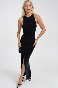 Halter Neck Gathered Detail Slit Maxi Dress