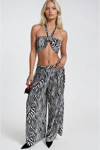 Desenli Crop Bluz Pantolon İkili Takım