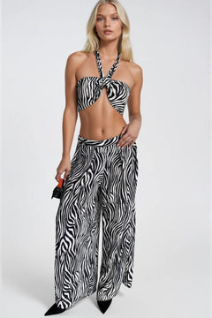 Desenli Crop Bluz Pantolon İkili Takım - Zebra