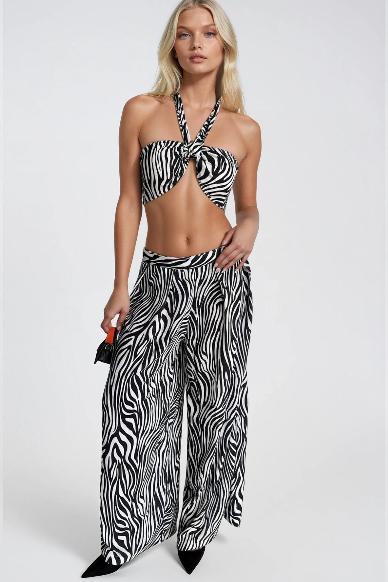 Desenli Crop Bluz Pantolon İkili Takım - Zebra