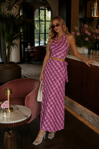 Plaid Pattern V-Neck Blouse and Tie Detail Skirt Two-Piece Set