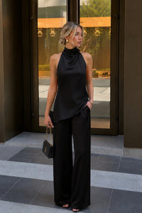 Asymmetrical Backless Blouse and Pants Two-Piece Satin Set
