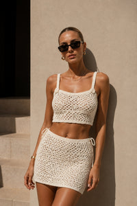 Askılı Örgü Desen Crop Bluz Mini Etek İkili Takım