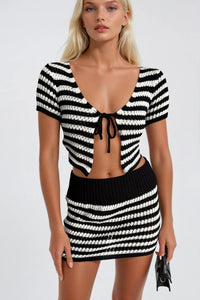 Striped Tie Detail Blouse and Folded Waist Skirt Two-Piece Knit Set