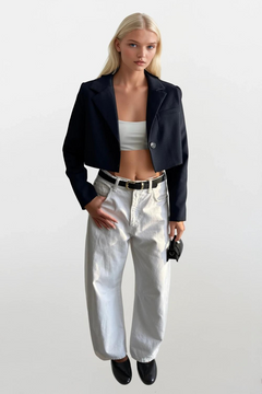 Crop Basic Blazer Ceket - Lacivert
